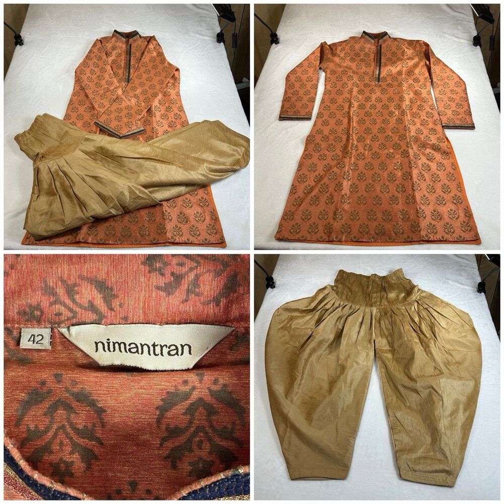 Mens Indian Wedding Kurta Pajama Set 42 Gold Orange Ethnic Formal Bollywood